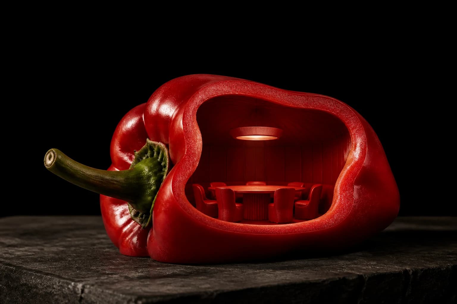 Miniaturowe wnętrze restauracji ukryte w czerwonej papryce